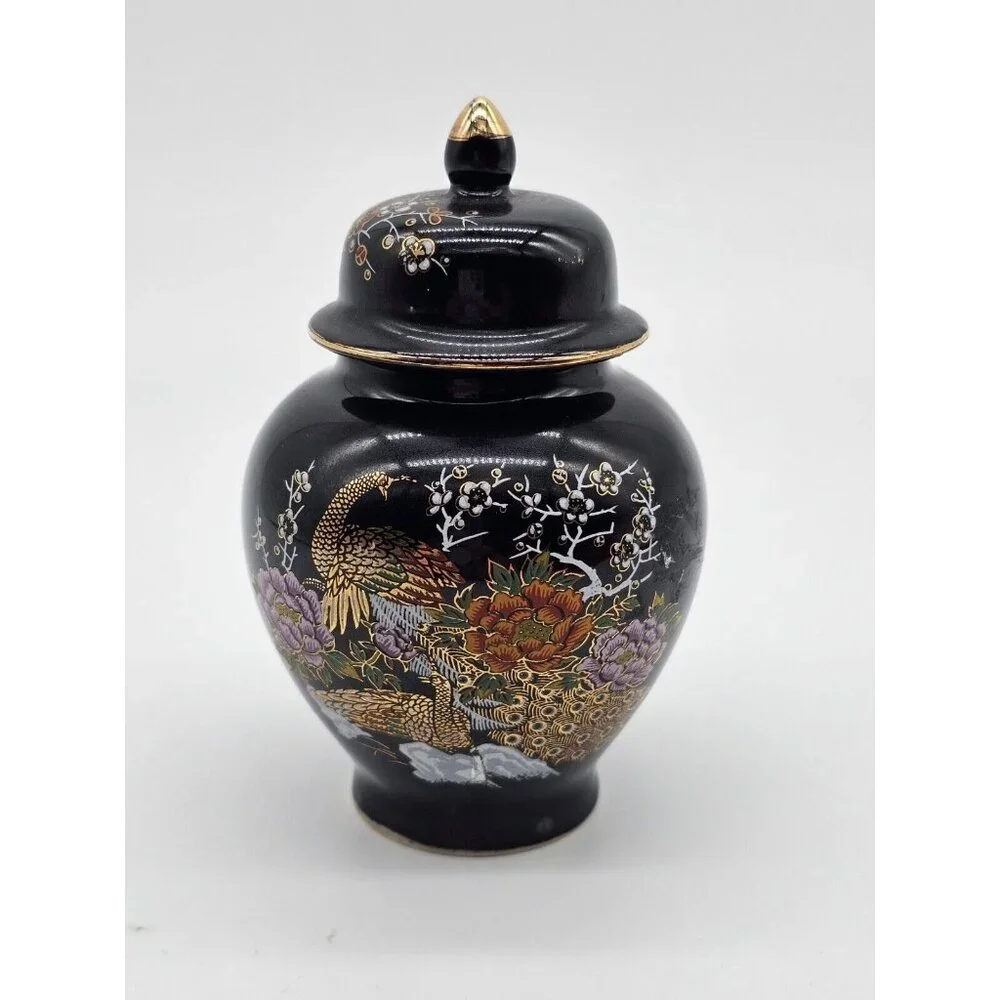 Asahi Japan Vase Black Floral Porcelain Peacock Ginger Jar Urn with Lid
